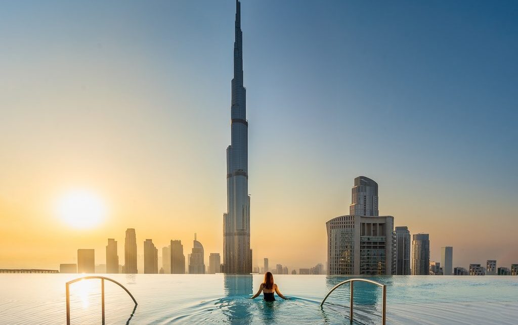 Infinity pool with Dubai skyline view at Address Sky View