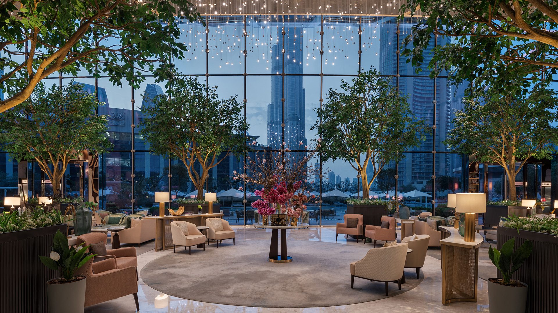 Luxury lobby with Burj Khalifa view at Address Sky View