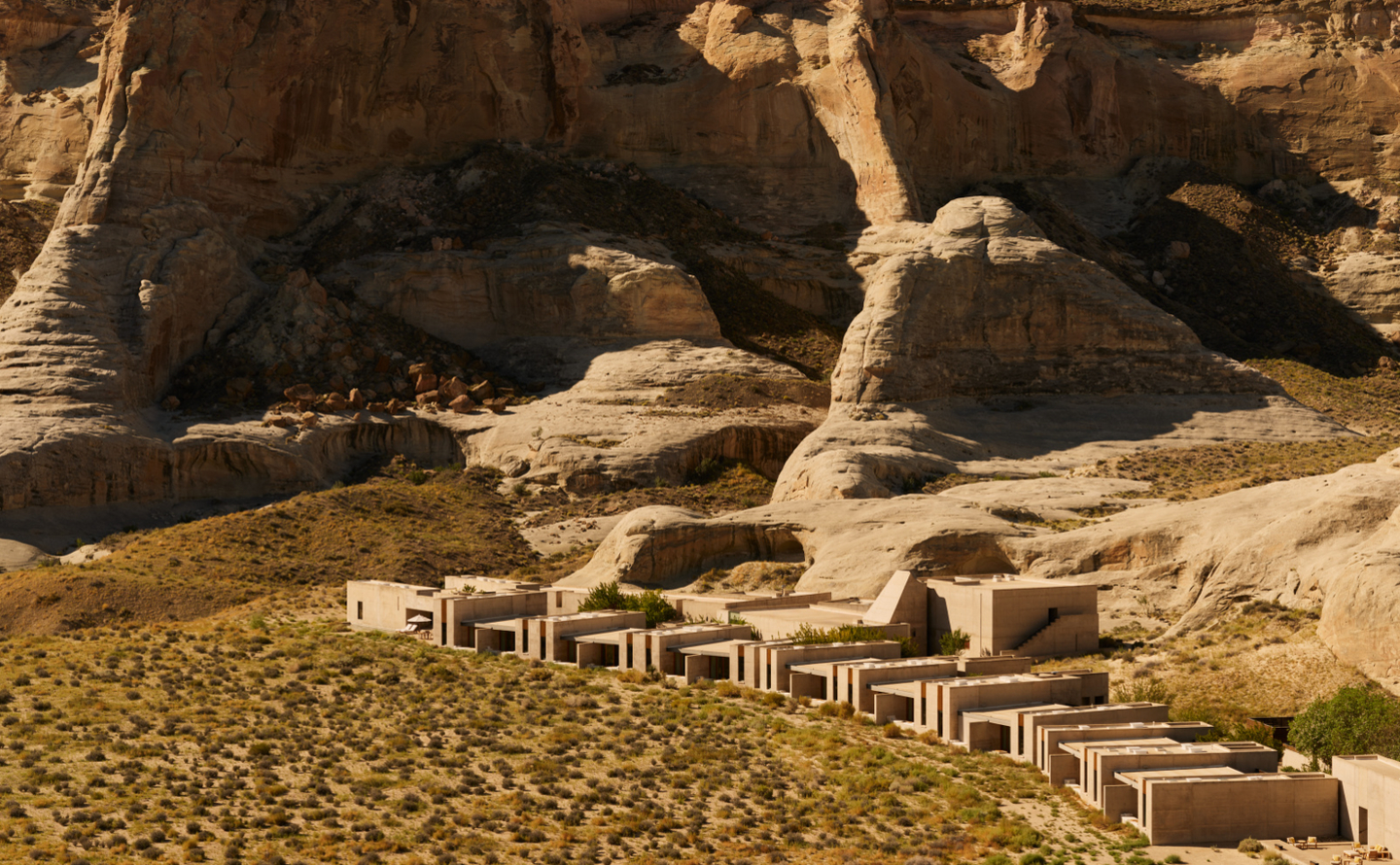 Aerial view of Amangiri Utah, blending into the Colorado Plateau's red-rock canyons