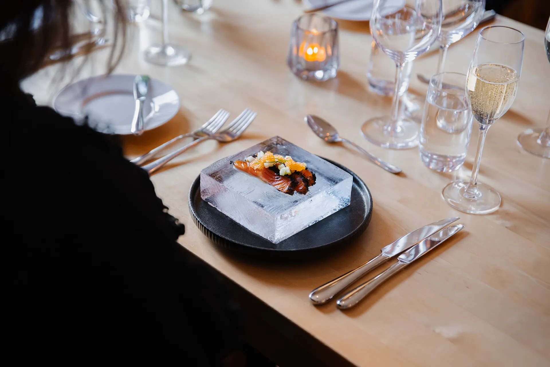 Food served on ice plates at ICEHOTEL restaurant