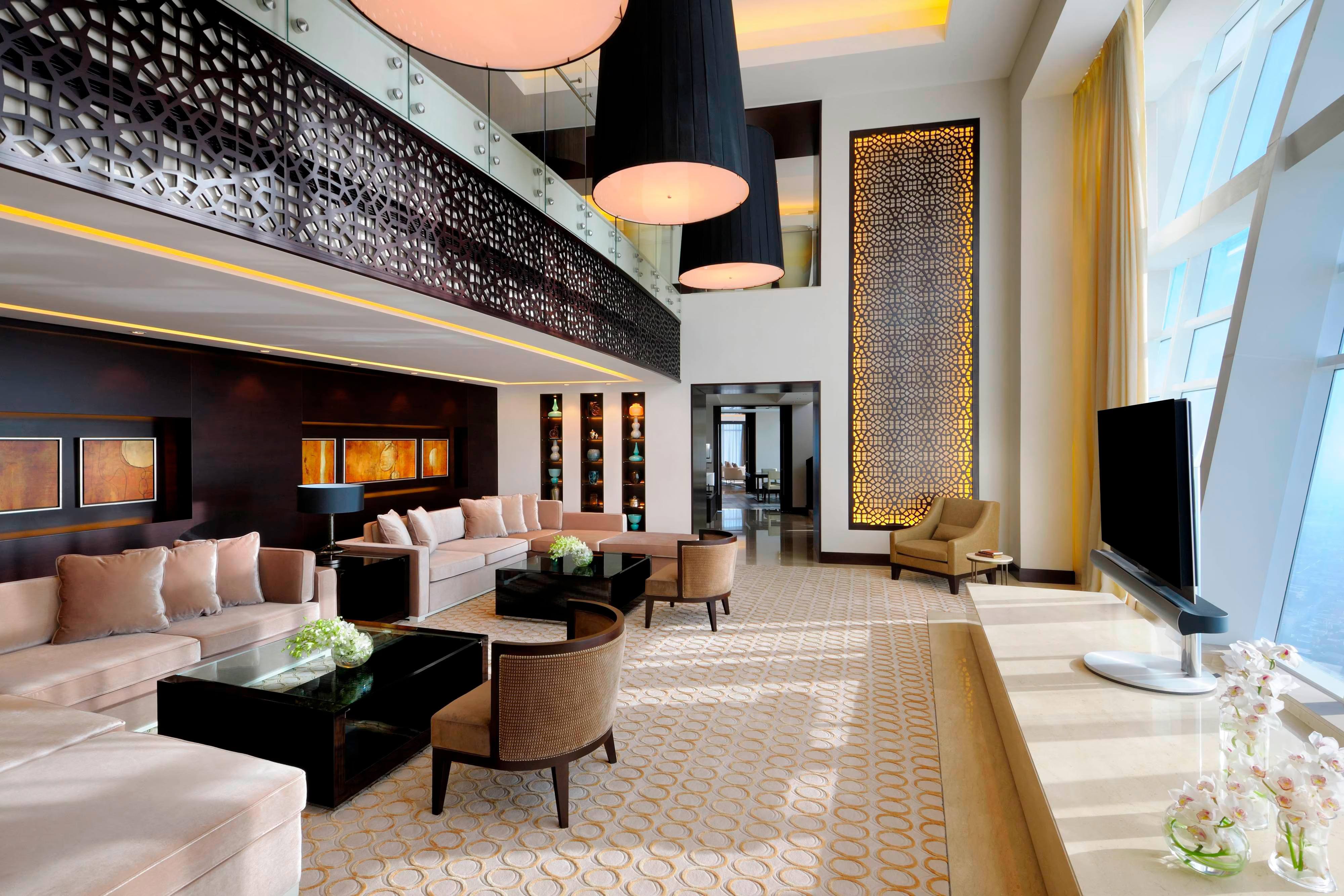 Spacious living area in the Penthouse Suite at JW Marriott Marquis Dubai with panoramic views