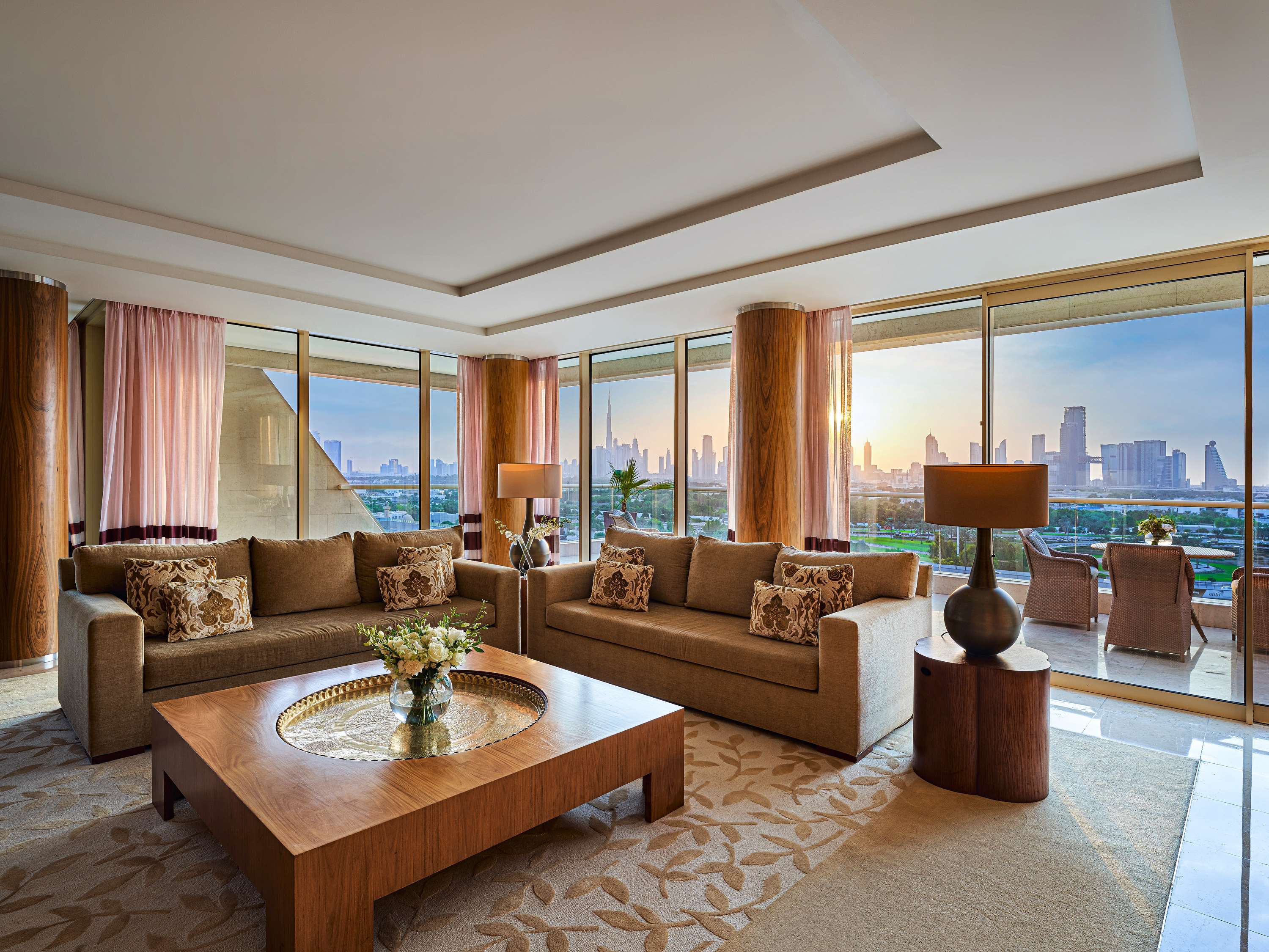 Spacious Diplomatic Suite at Raffles Dubai featuring breathtaking Dubai skyline views from private terrace