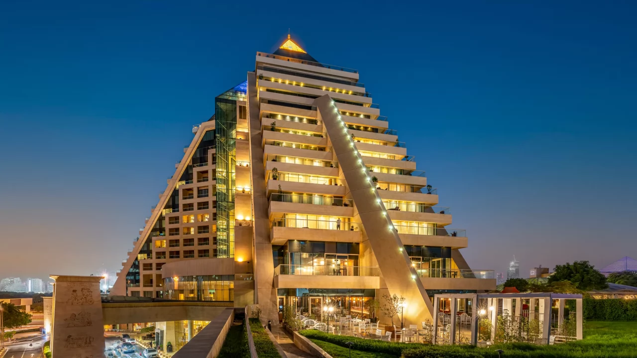 Stunning Egyptian-inspired exterior of Raffles Dubai, a landmark luxury hotel in the city center