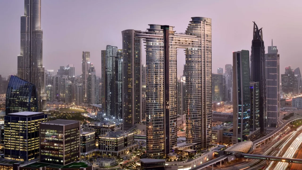 An aerial view of the twin towers of Address Sky View, connected by the architectural Sky Bridge.