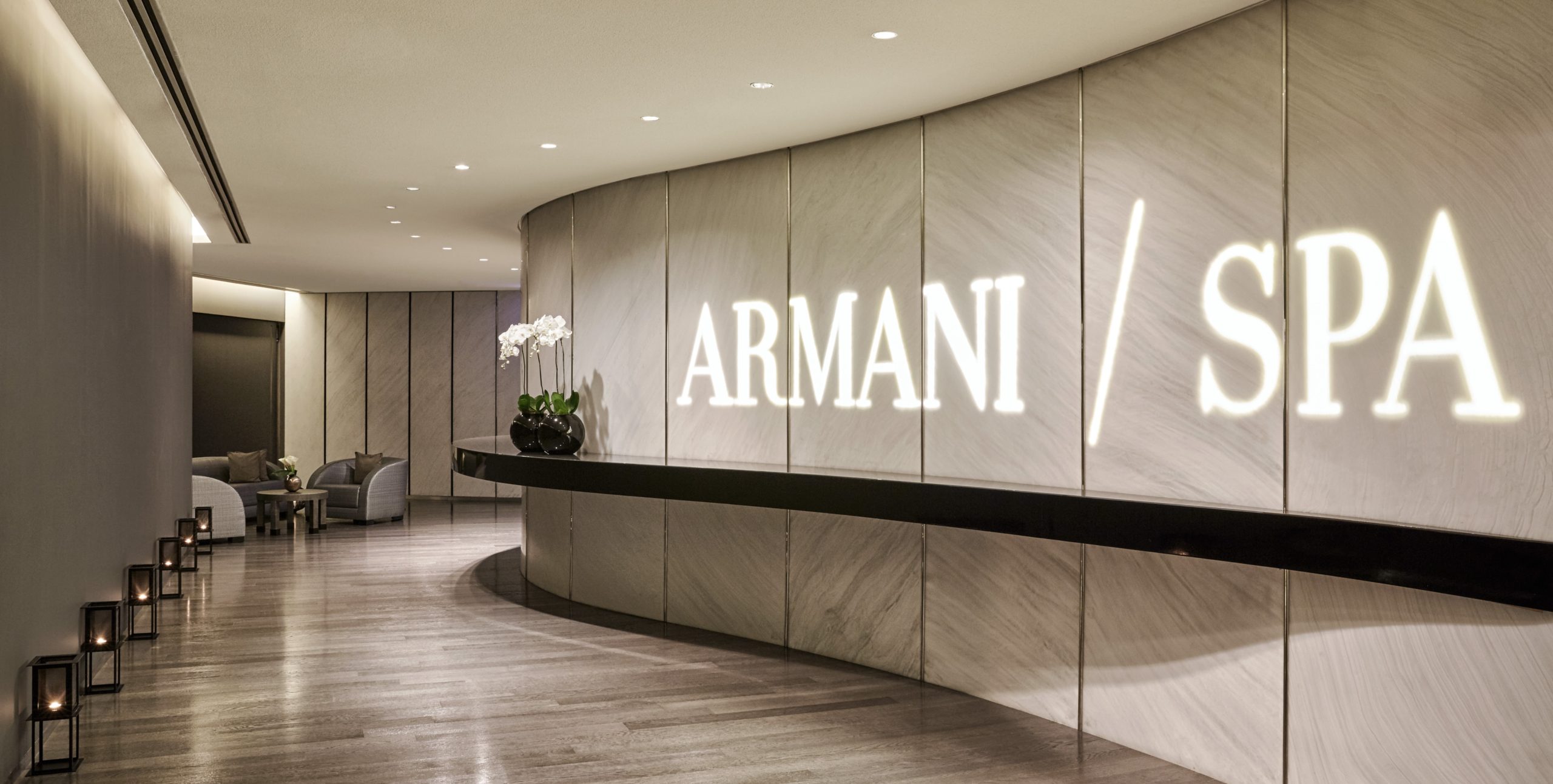 The tranquil and minimalist entrance to the Armani/SPA, an urban sanctuary within the Burj Khalifa.