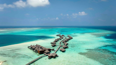 Aerial view of Grand Water Villas and Over-Water Spa at Conrad Maldives.