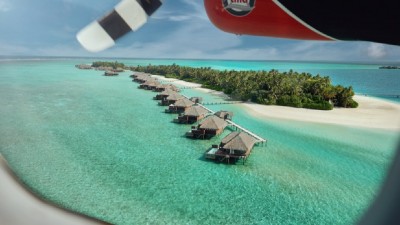 Aerial overview of Conrad Maldives Rangali Island resort and villas.