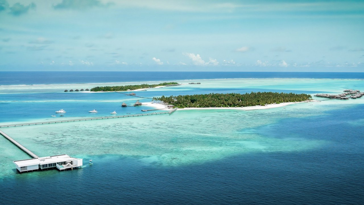 Aerial view of The Muraka residence over the Indian Ocean at Conrad Maldives.