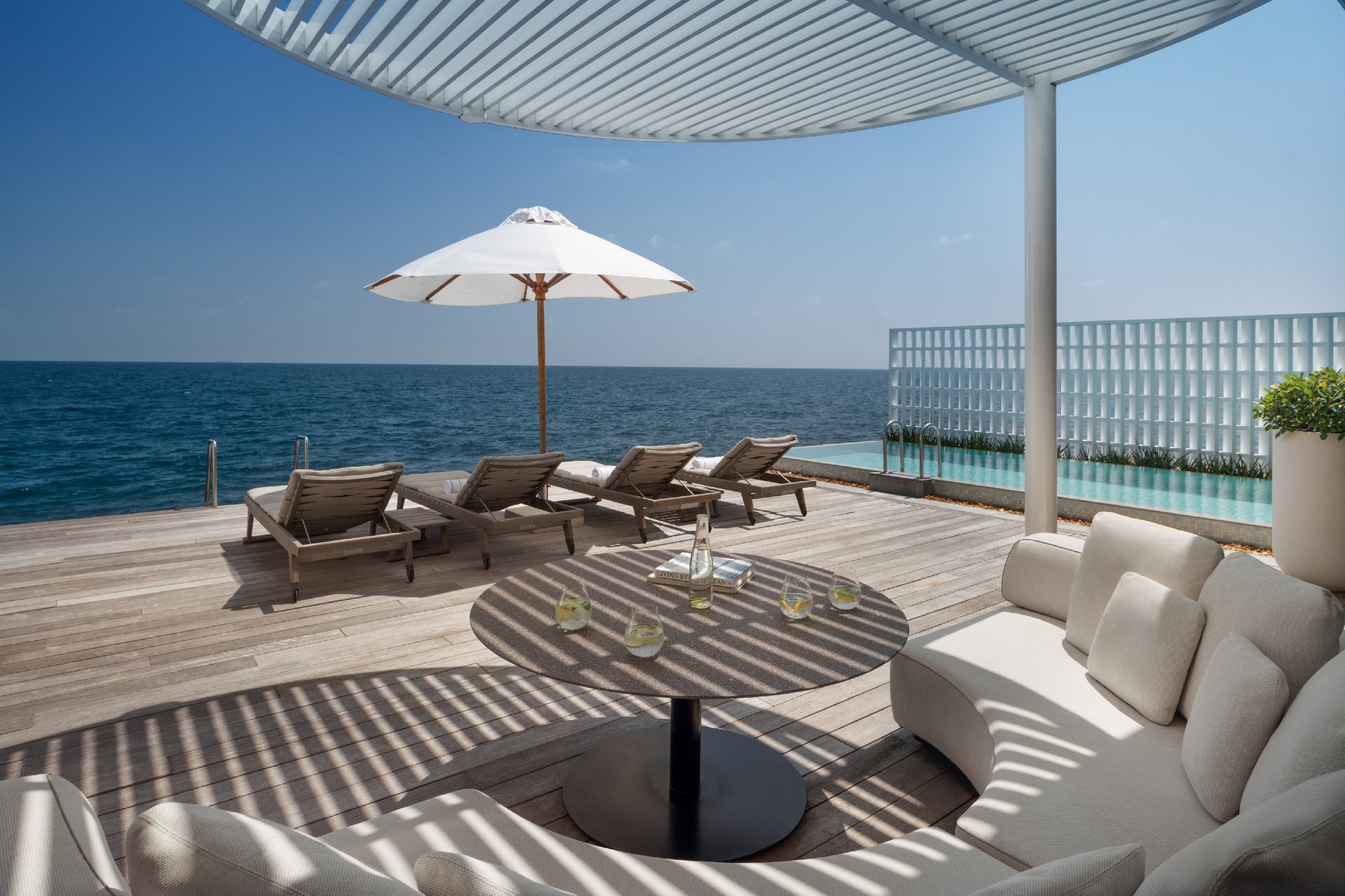 Sunset deck with infinity pool at The Muraka residence, Conrad Maldives.