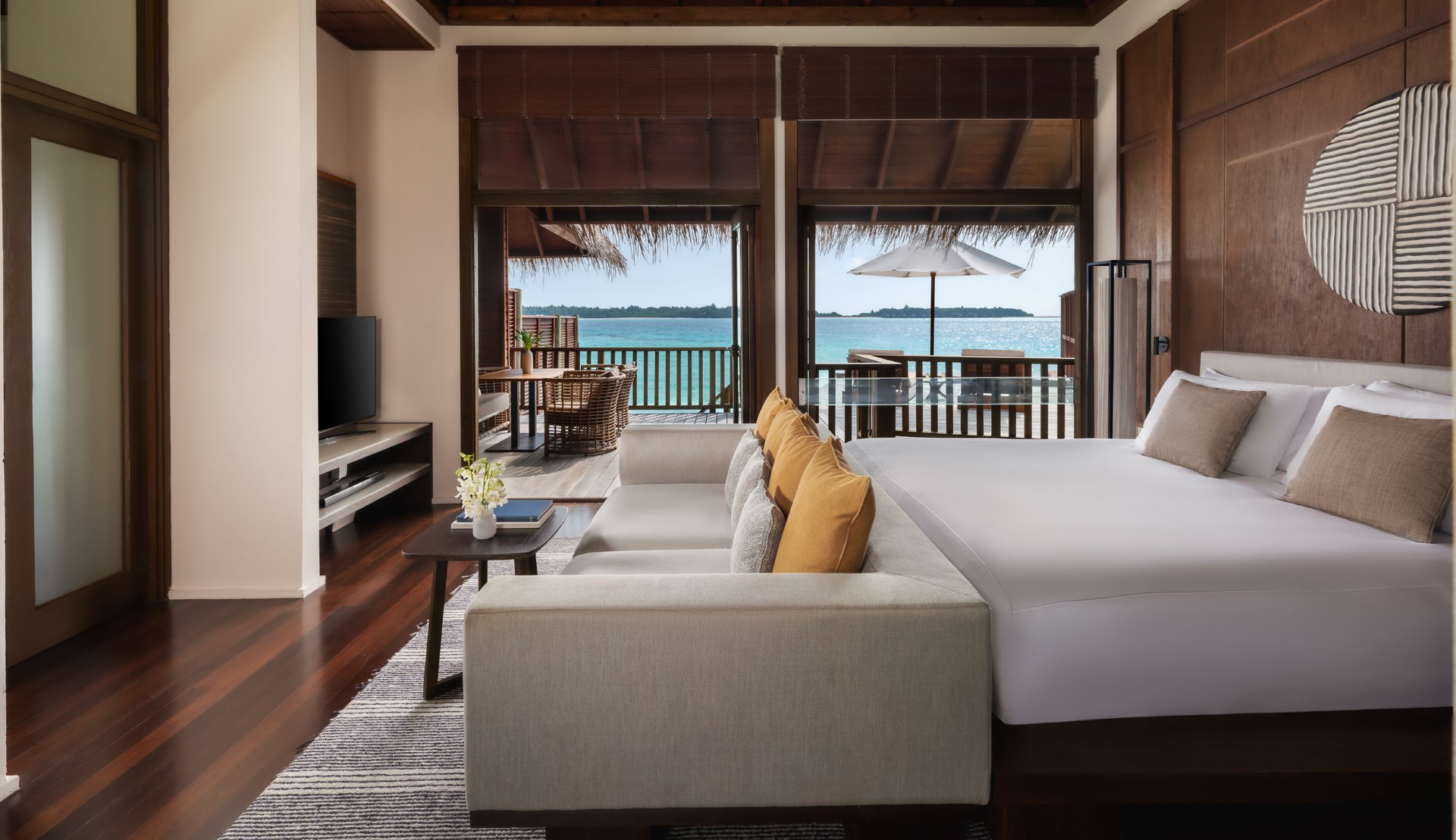 Bedroom with ocean view in a Two Bedroom Rangali Ocean Pavilion at Conrad Maldives.