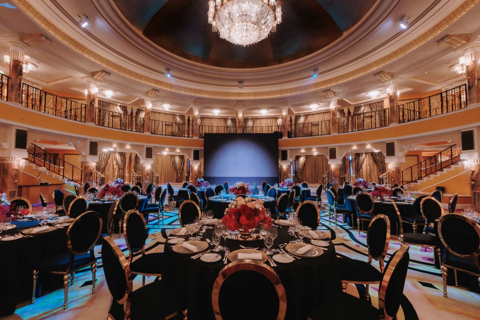 The grand and opulent Al Falak Ballroom, set up for a luxurious wedding or event.