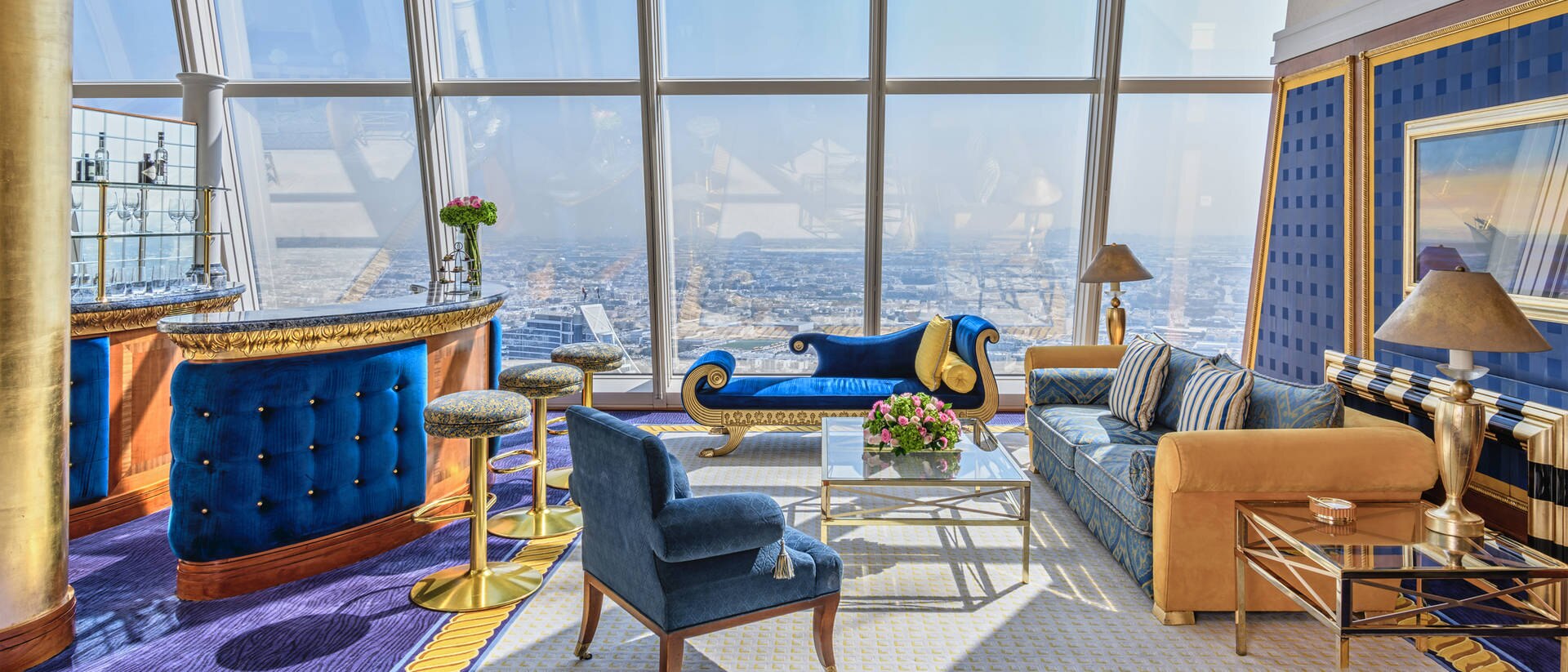 The expansive and stylish living area of the Duplex Club Suite at Jumeirah Burj Al Arab.