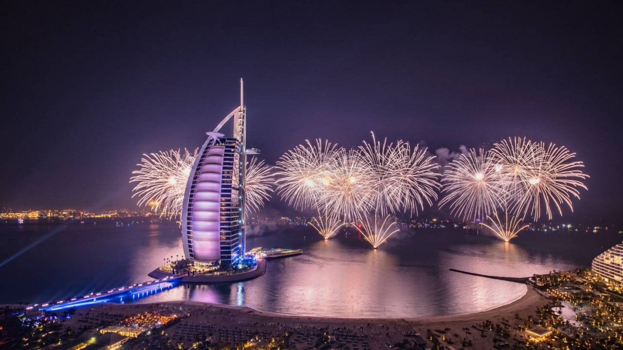Jumeirah Burj Al Arab celebrating a special occasion with a spectacular fireworks display.