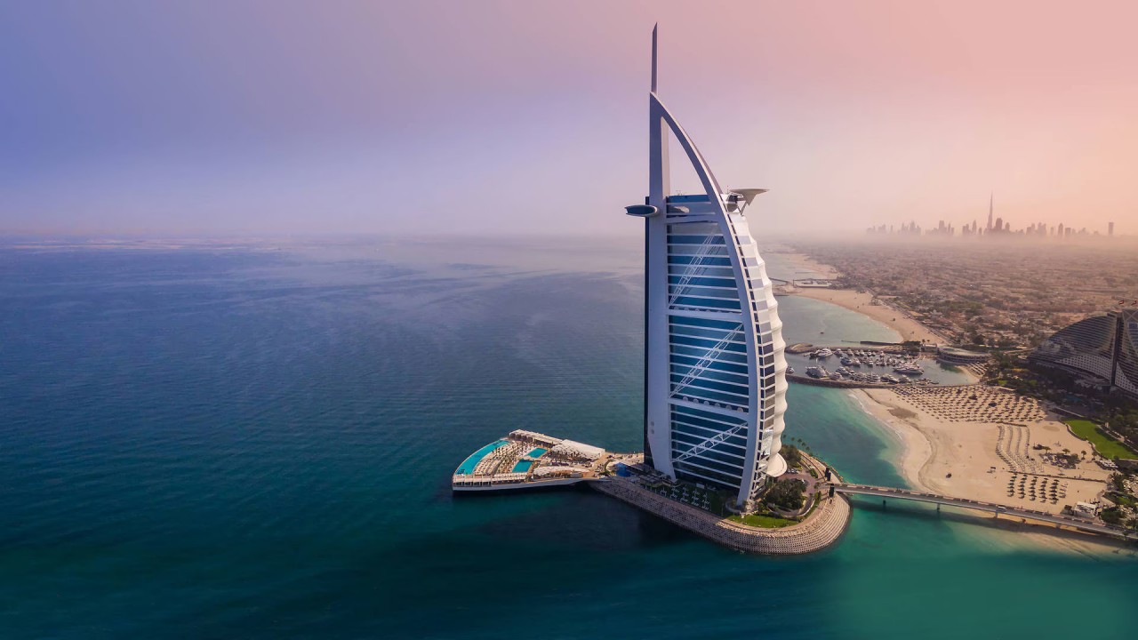 A classic landscape profile view of the majestic Jumeirah Burj Al Arab hotel.