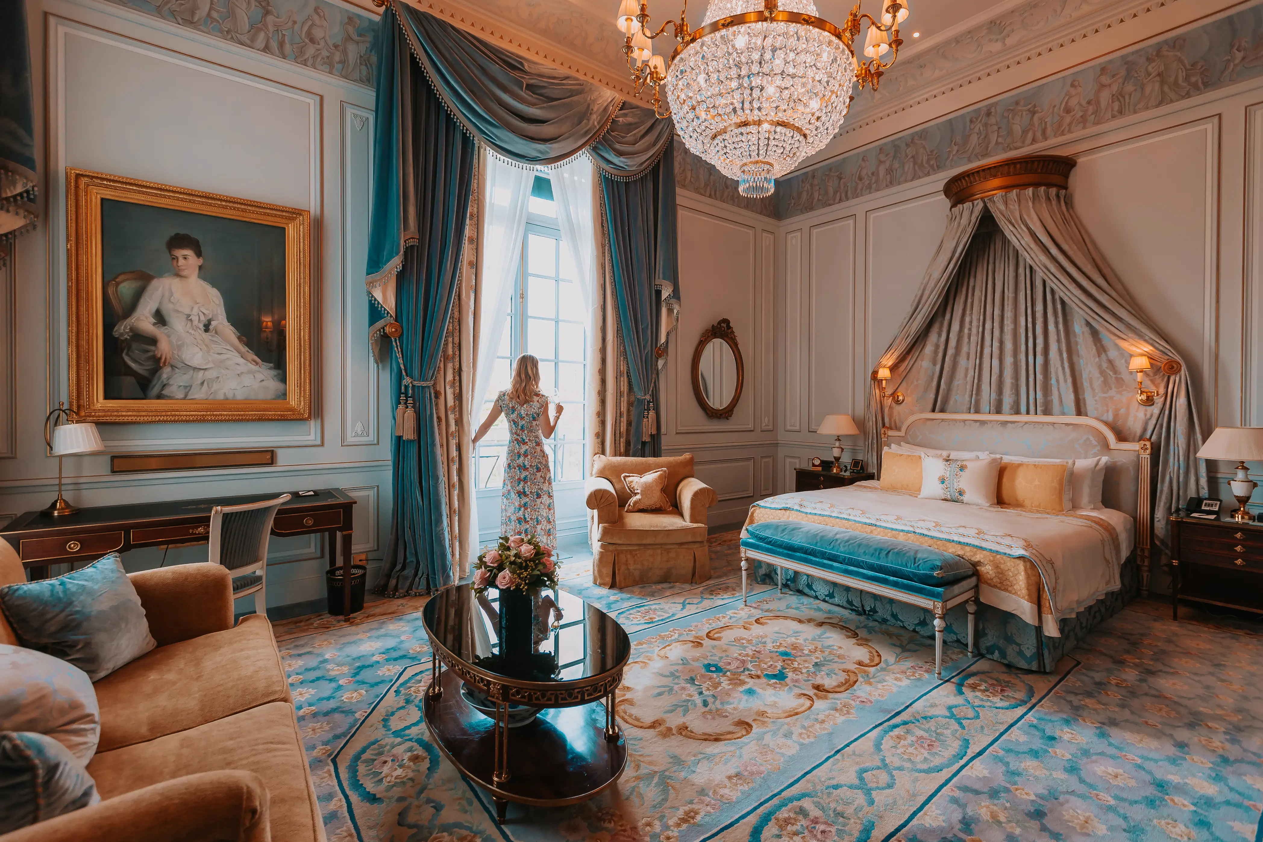 The master bedroom in L'Appartement Prince Bonaparte at Shangri-La Paris, featuring a king-size bed and decor befitting its royal pedigree.