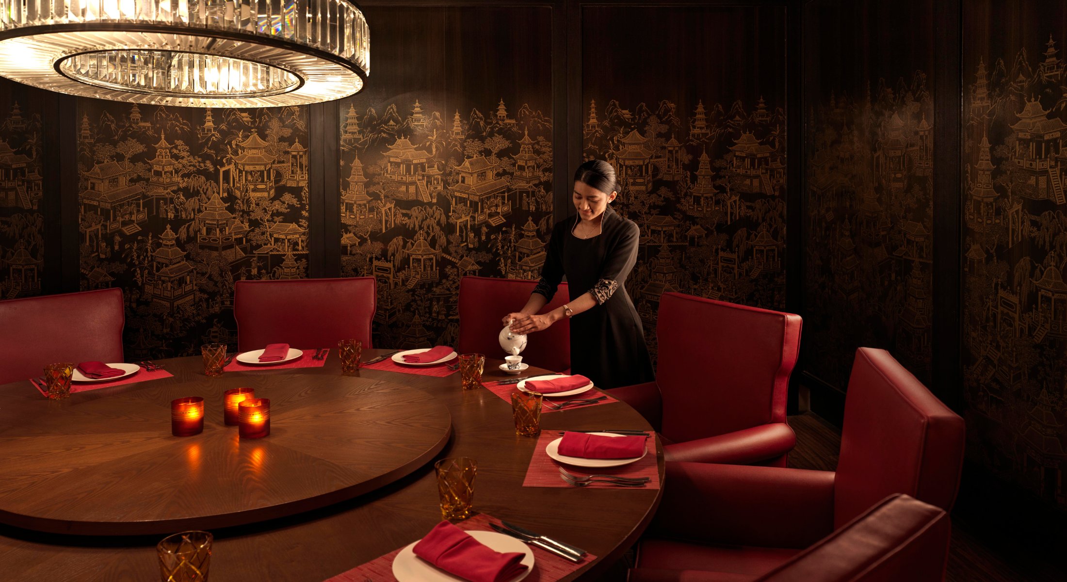 The elegant ebony and gold interior of Hong Loong, serving Pan-Asian cuisine.