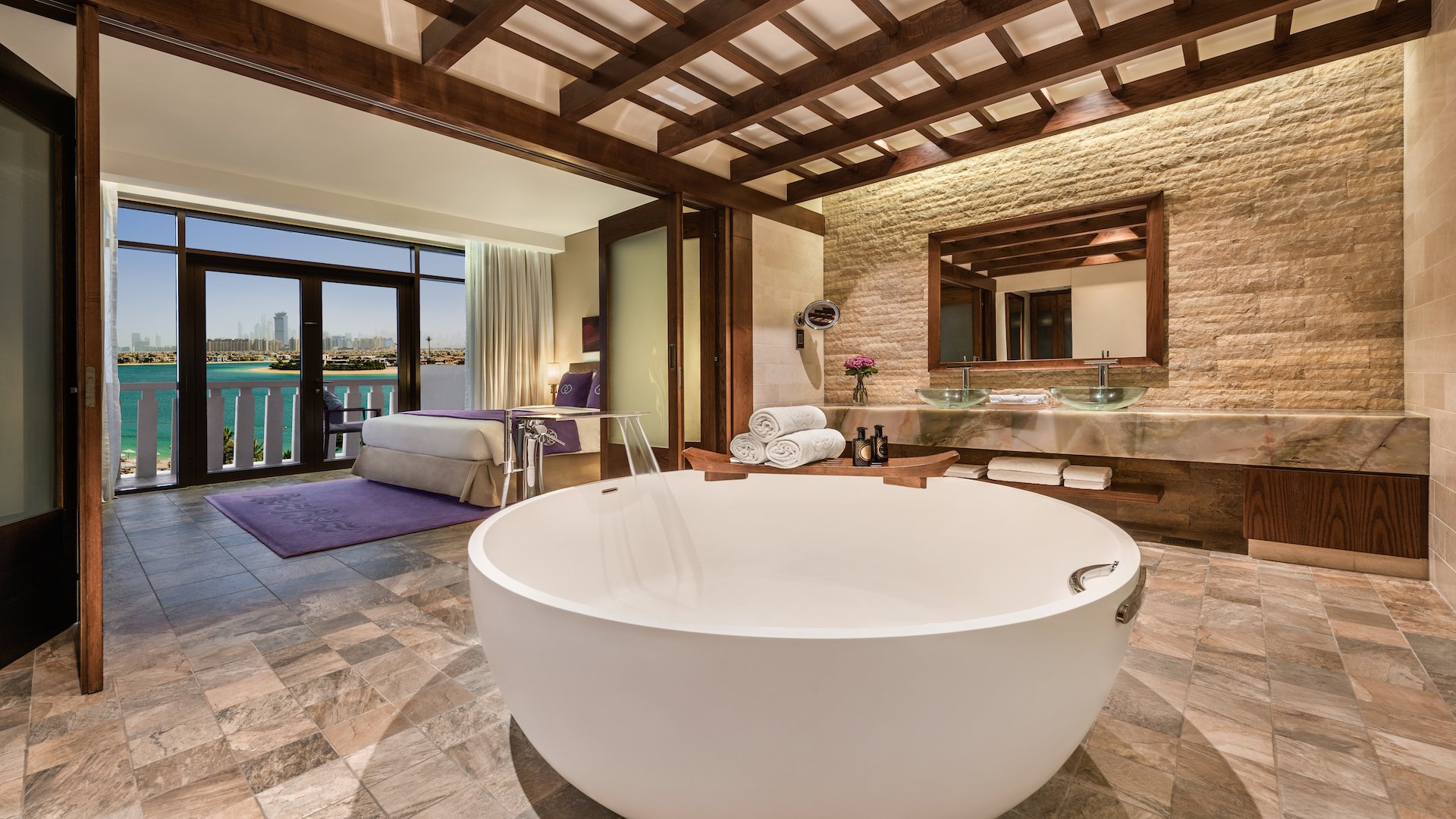 The luxurious bathroom in a Prestige Suite, featuring a freestanding soaking tub.