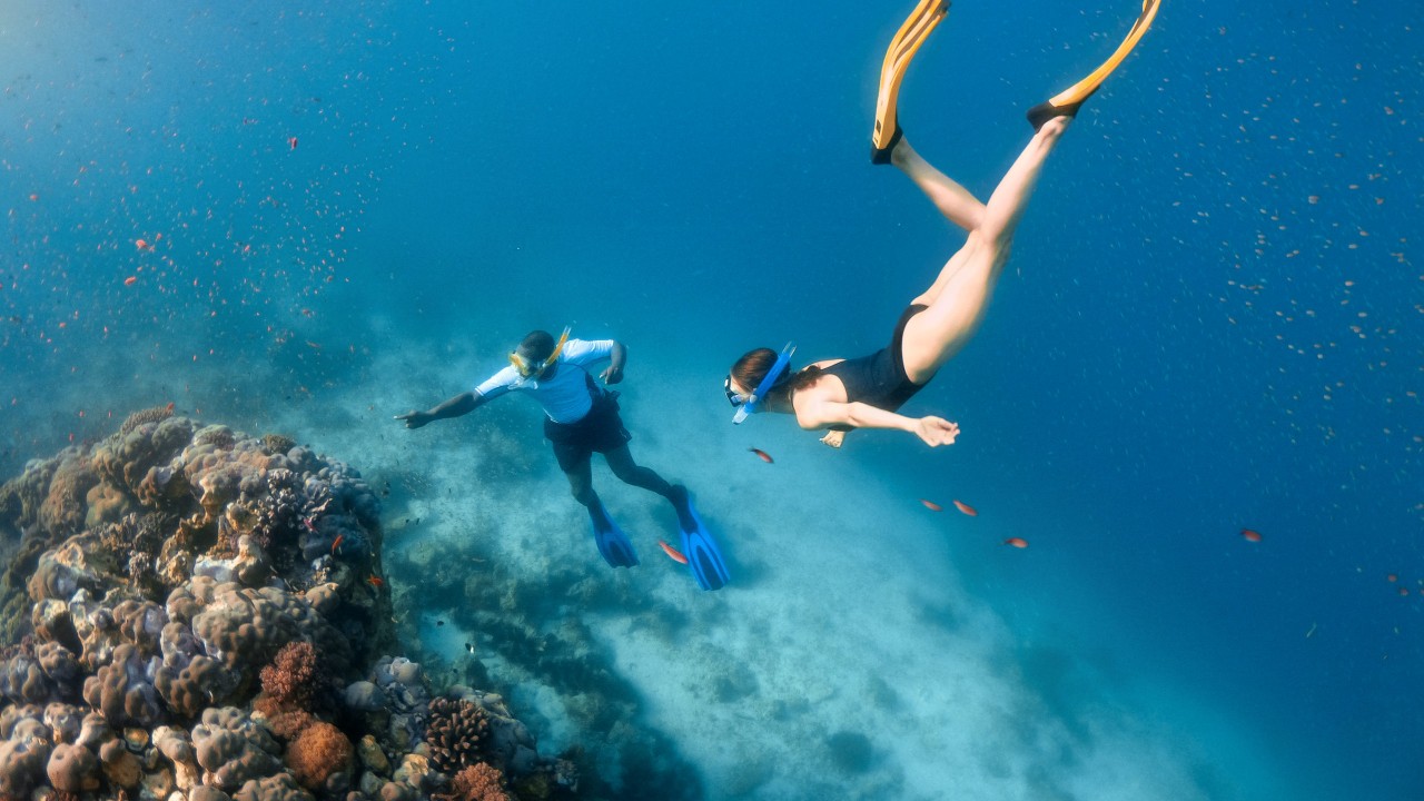 A couple snorkeling above the vibrant coral reef in the marine conservation area at The Manta Resort, Pemba Island.