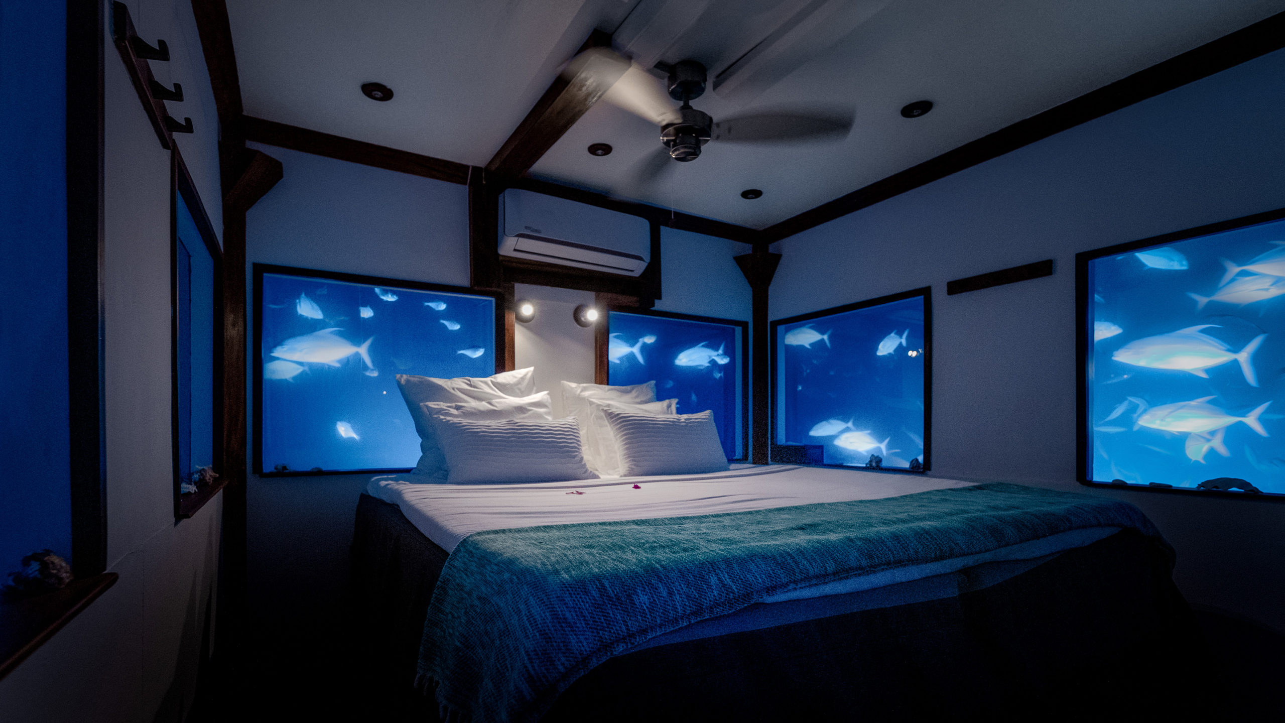 The interior of the underwater bedroom at The Manta Resort, with a double bed surrounded by glass offering 360-degree views of marine life.
