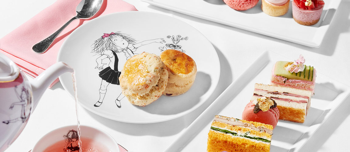 Eloise-themed afternoon tea at The Palm Court, featuring custom tableware and treats for kids.