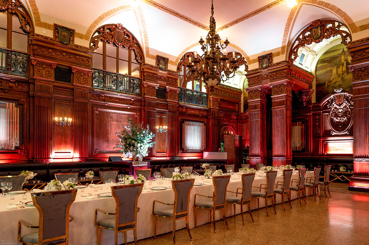 The Oak Room & Bar event space at The Plaza Hotel, featuring German Renaissance Revival style.