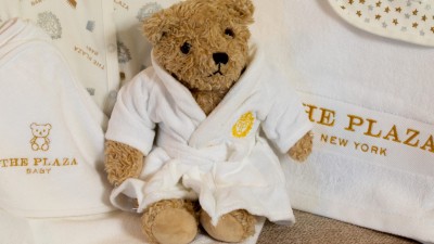 The Plaza Hotel's exclusive branded plush bear, available in The Plaza Boutique for guests.