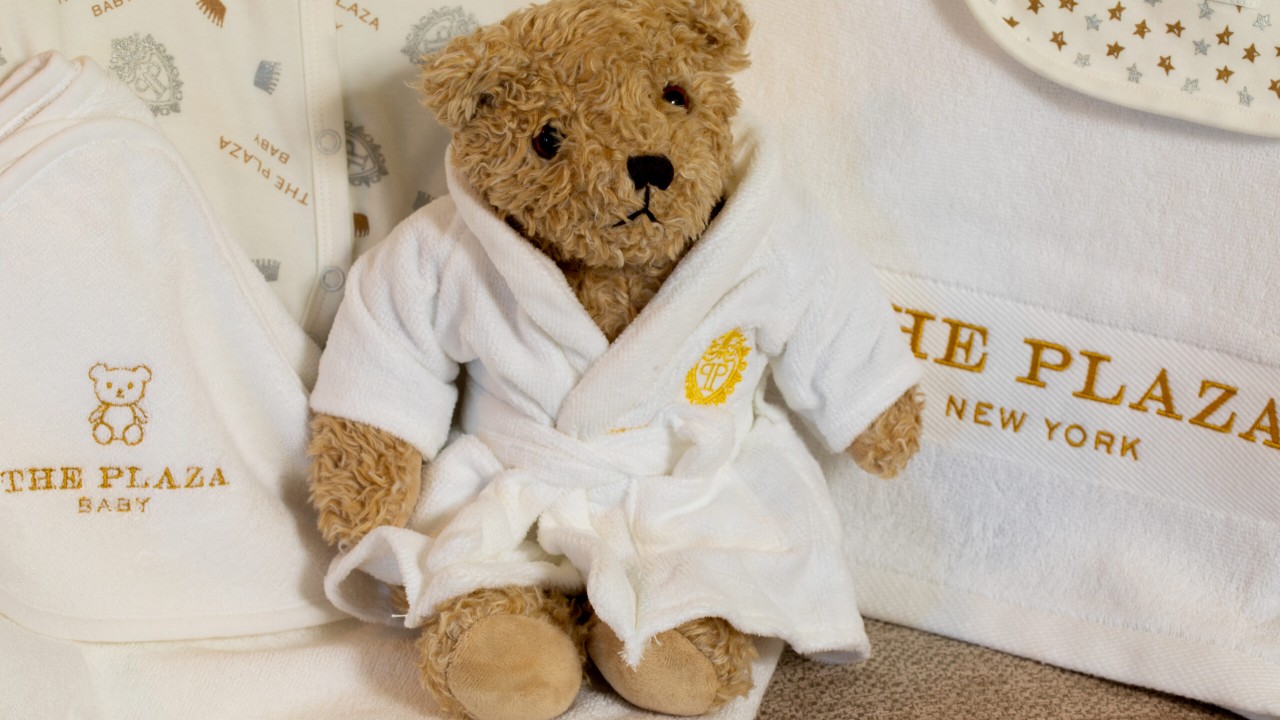 The Plaza Hotel's exclusive branded plush bear, available in The Plaza Boutique for guests.