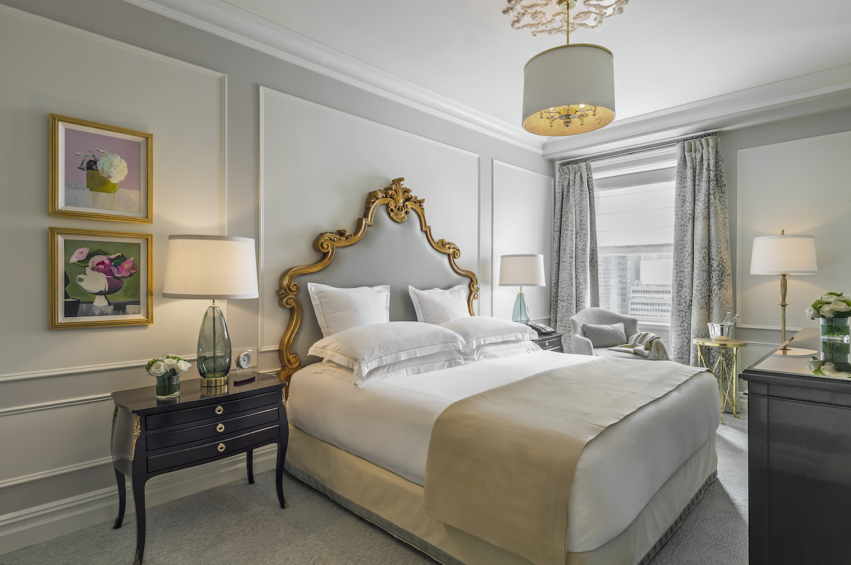 The bedroom in the Pulitzer Fifth Avenue Suite, overlooking the Pulitzer Fountain and Fifth Avenue.