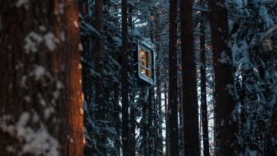The Cabin treeroom at Treehotel in winter, covered in snow amidst the pine forest.