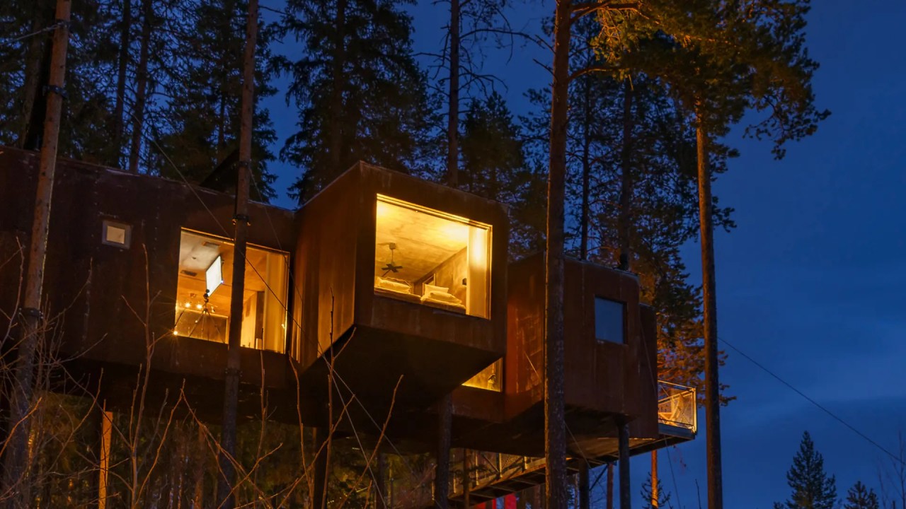 The Dragonfly treeroom at Treehotel Sweden, a spacious wooden cabin with large panoramic windows overlooking the forest.