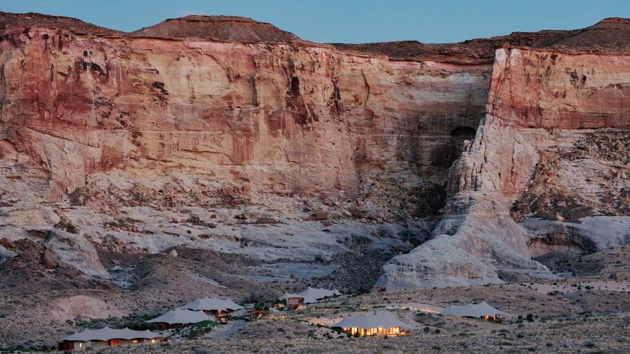An aerial view of Camp Sarika at Amangiri, showing its layout amidst the mesas.