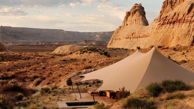 The luxury tented pavilions of Camp Sarika at Amangiri, nestled at the foot of the desert mesas.