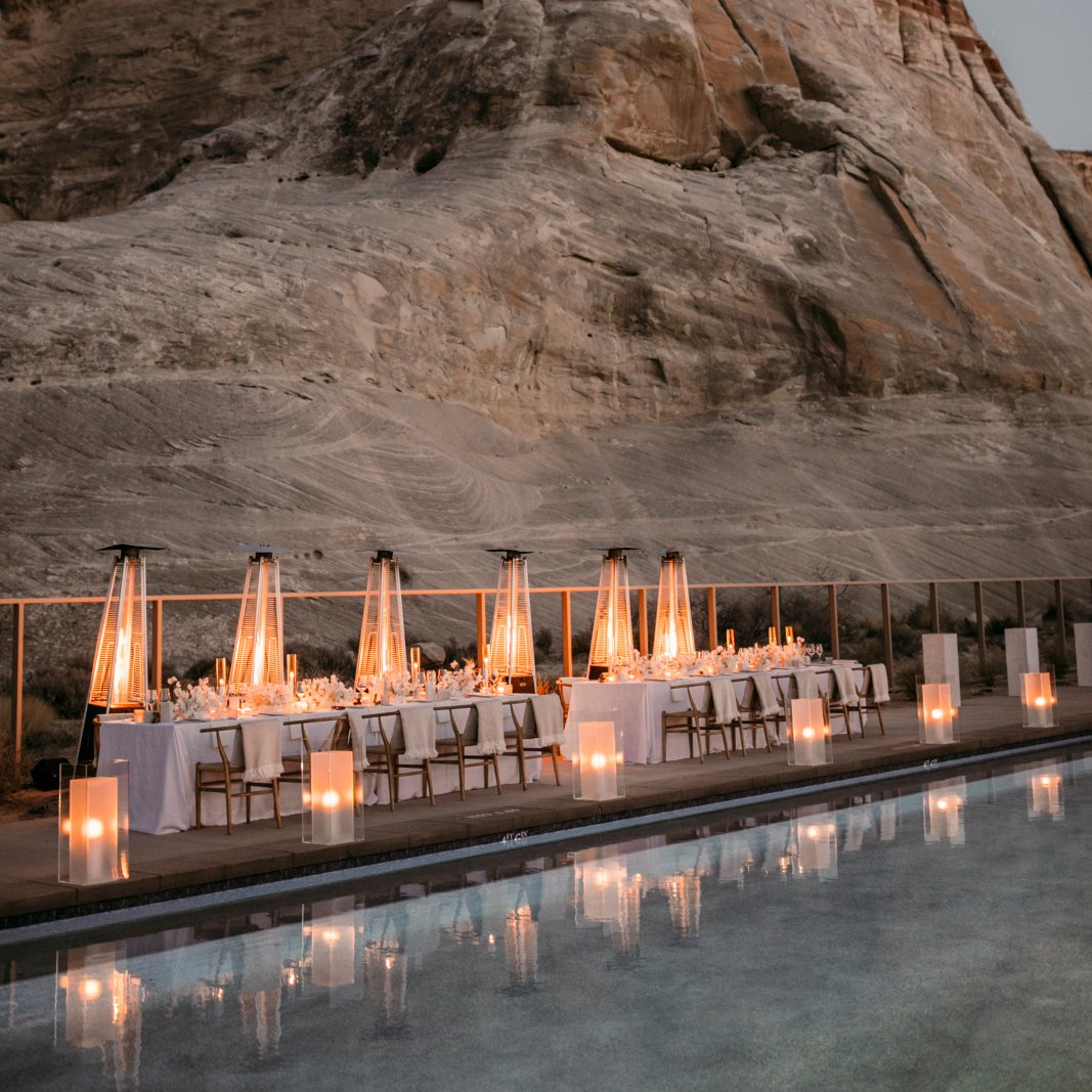 The pool terrace at Amangiri, prepared for a special event with stunning mesa views.