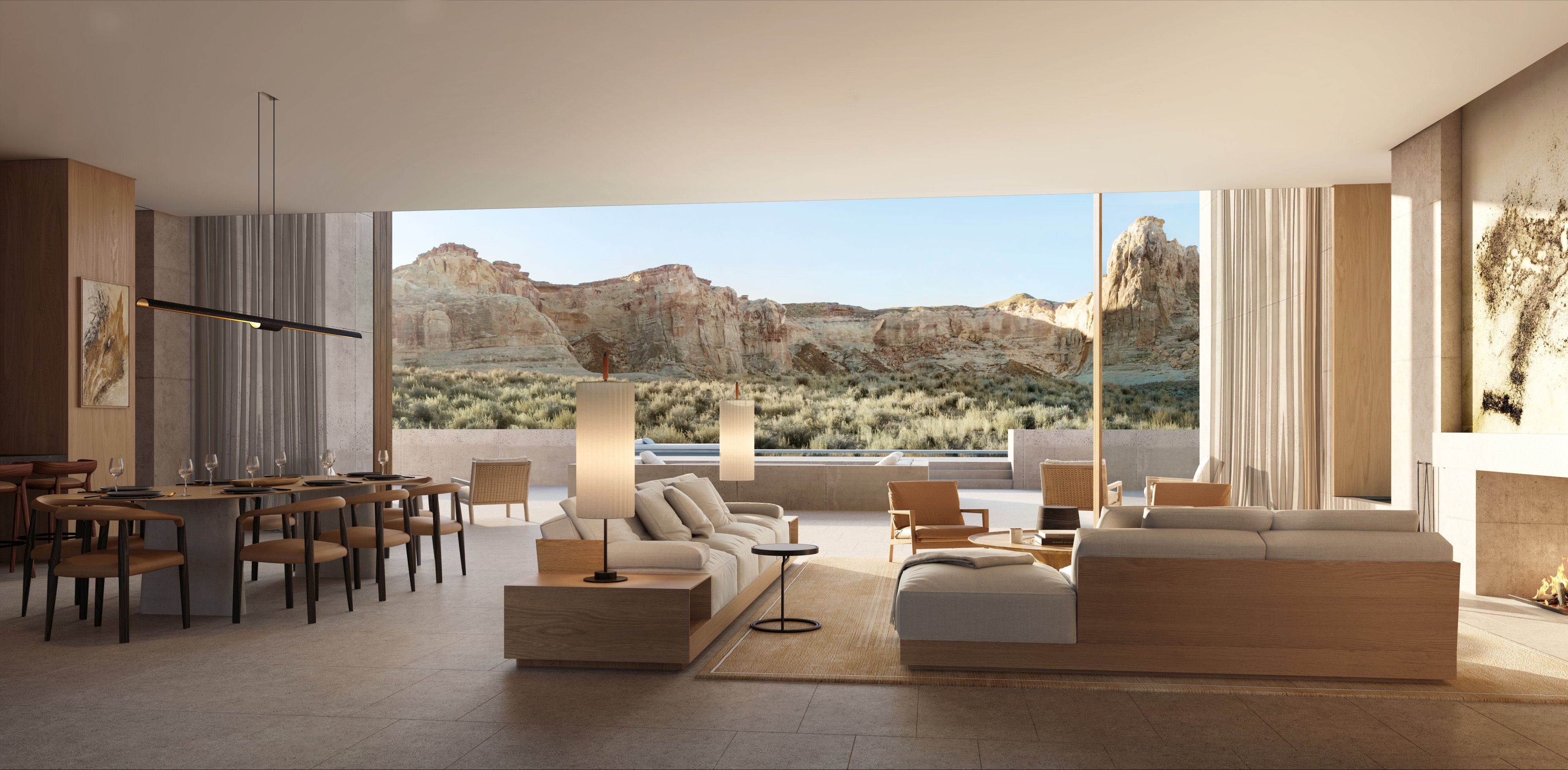 The living area of an Aman Residence at Amangiri, with sweeping desert views.