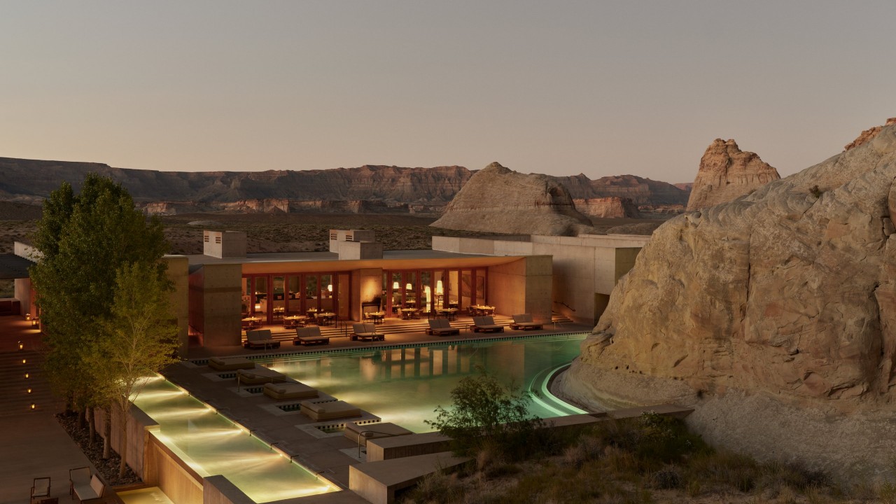The stunning architecture of Amangiri resort, centered around the mesa-embracing pool.
