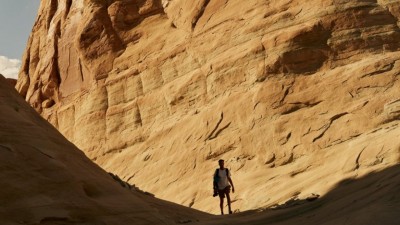 A guest enjoying the rewarding via ferrata climbing experience on the sandstone mesas of Amangiri.