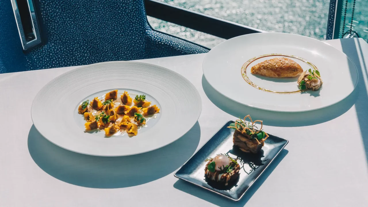 Exquisitely presented courses from Al Muntaha's Michelin-starred tasting menu.