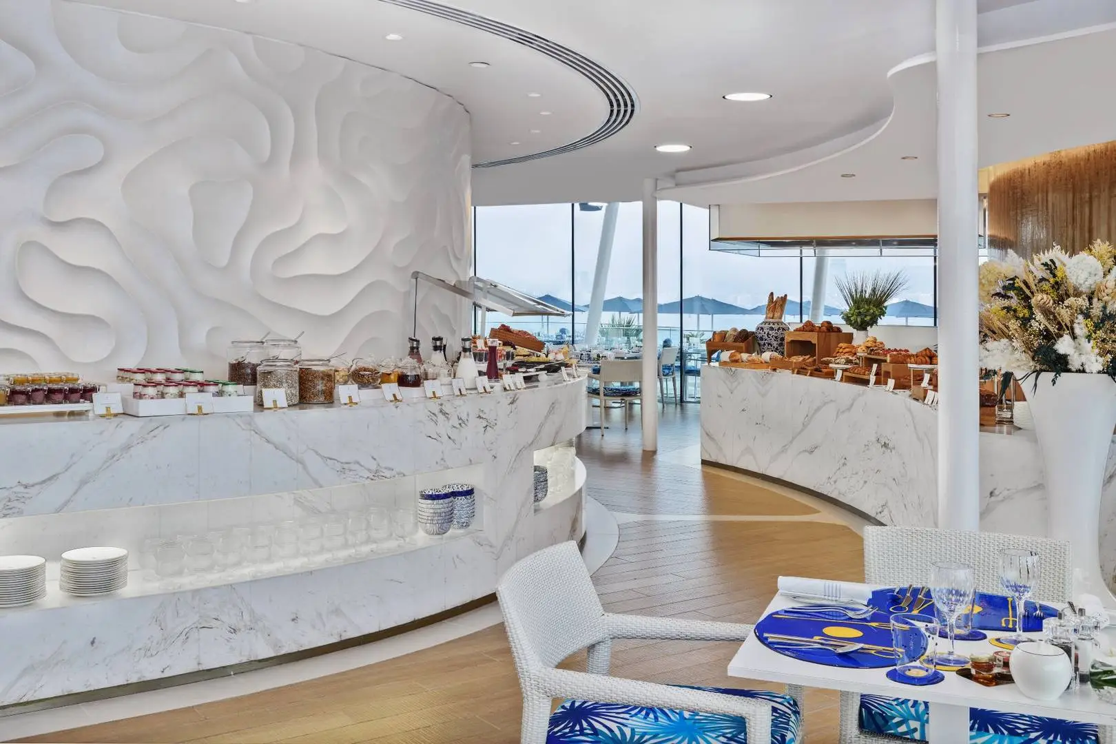 The bright and airy interior of Bab Al Yam, the all-day dining restaurant.