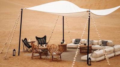 A luxurious private desert camp during a Bvlgari-curated safari experience in the Dubai dunes.