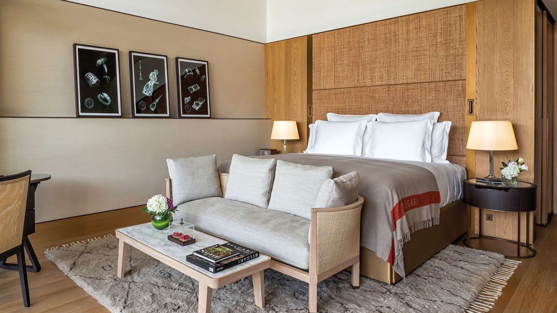 A 55 sqm Superior Room at Bvlgari Resort Dubai with a private balcony and elegant marble bathroom.