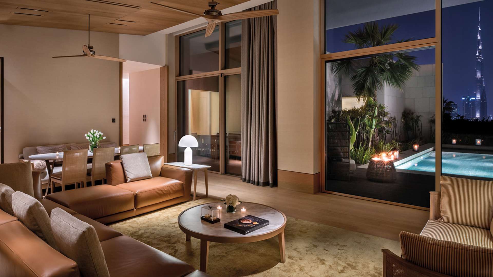 The spacious living area of a 315 sqm Three Bedroom Skyline View Villa with panoramic city vistas.