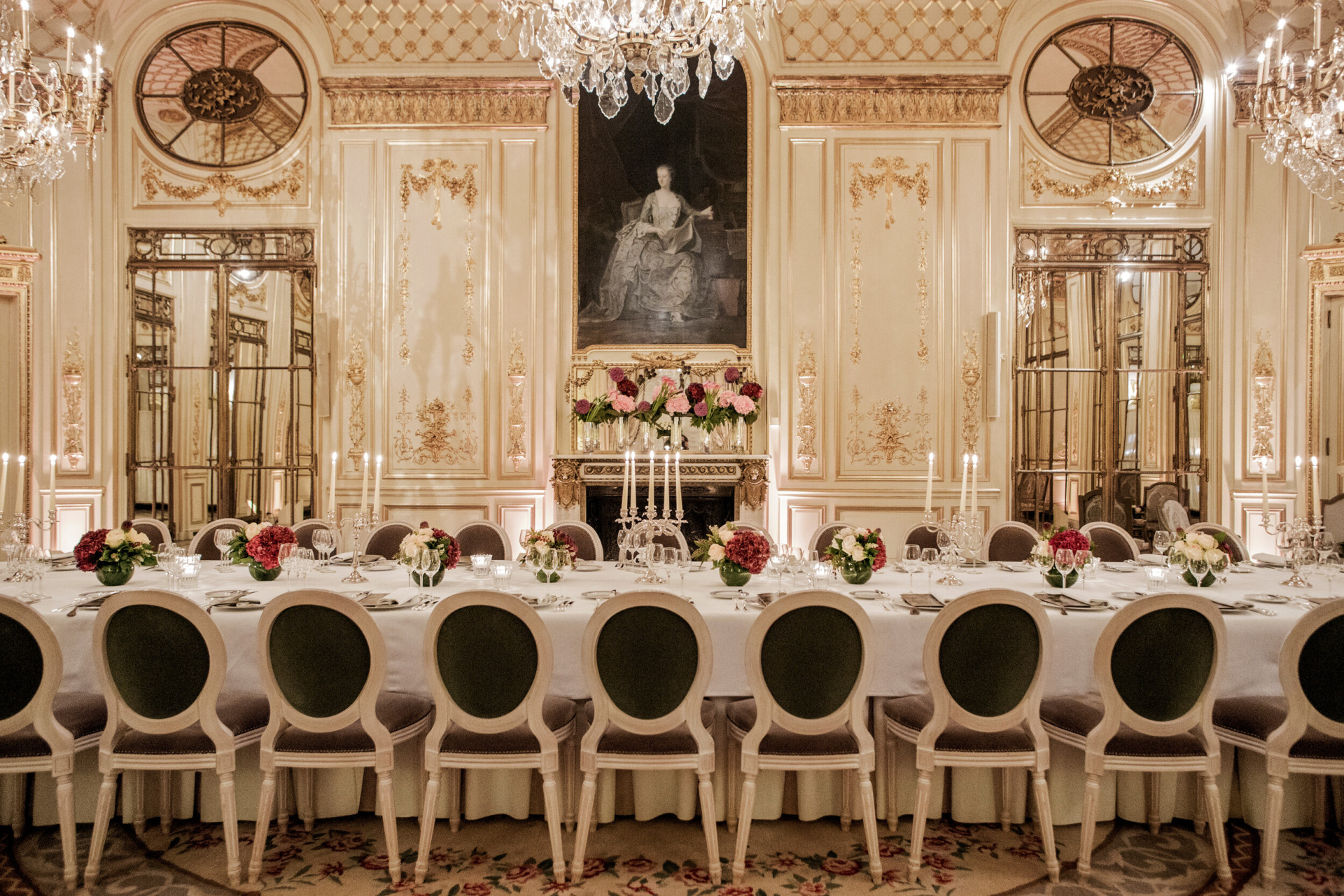 The magnificent Salon Pompadour, set up for a grand banquet or wedding reception.