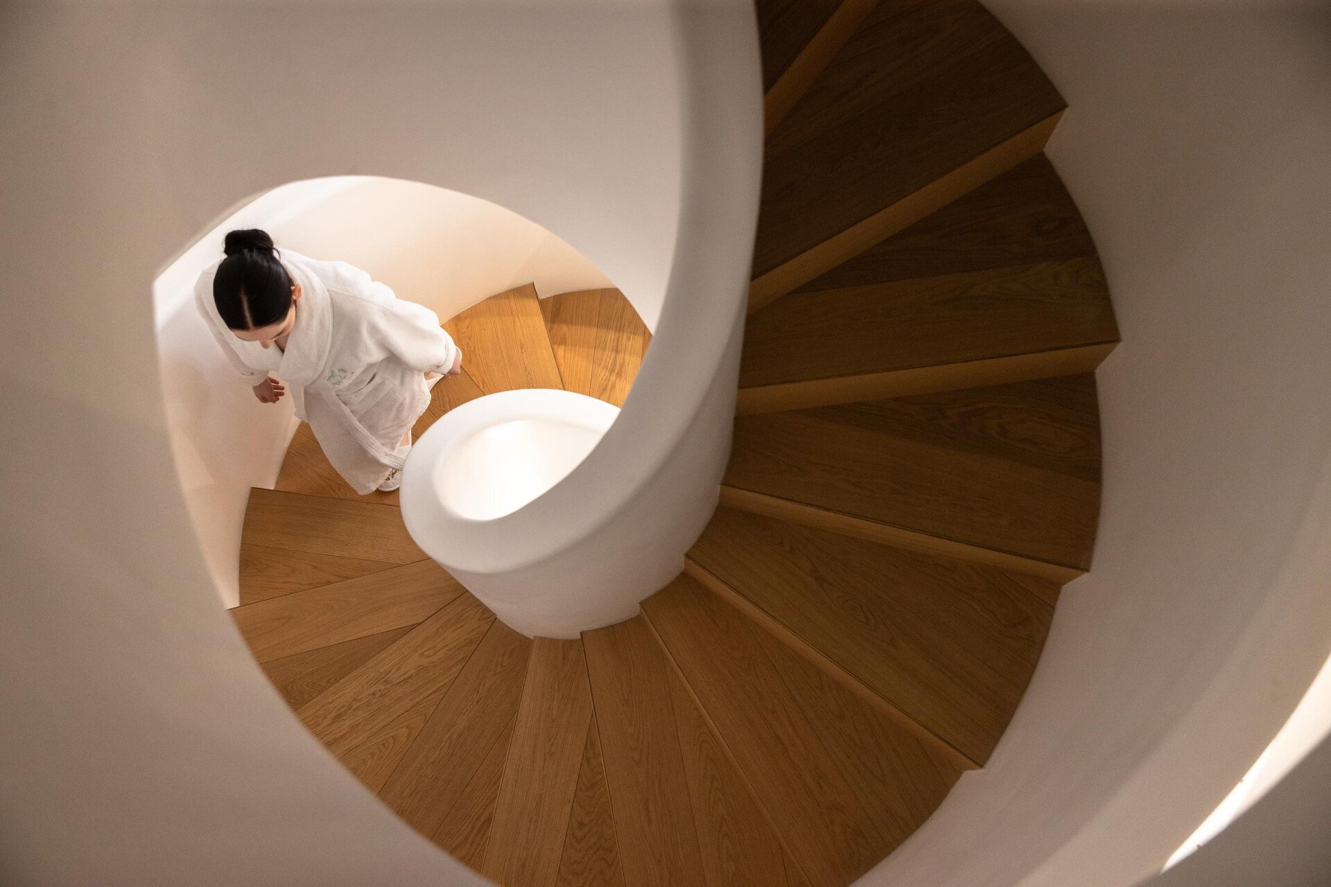 The serene staircase leading to the exclusive Valmont spa at Le Meurice.