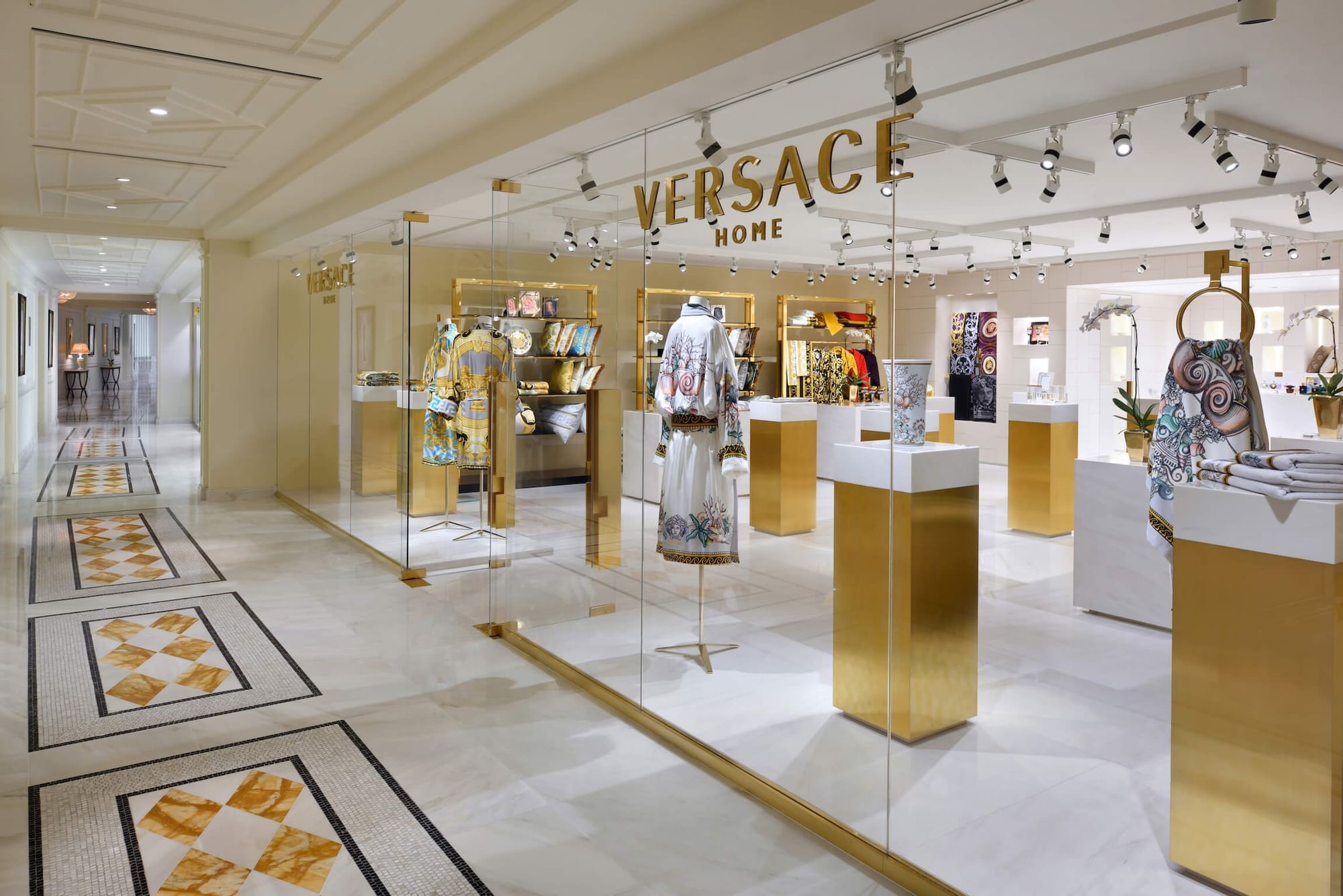 The elegant entrance to the Versace Home Store within Palazzo Versace Dubai.