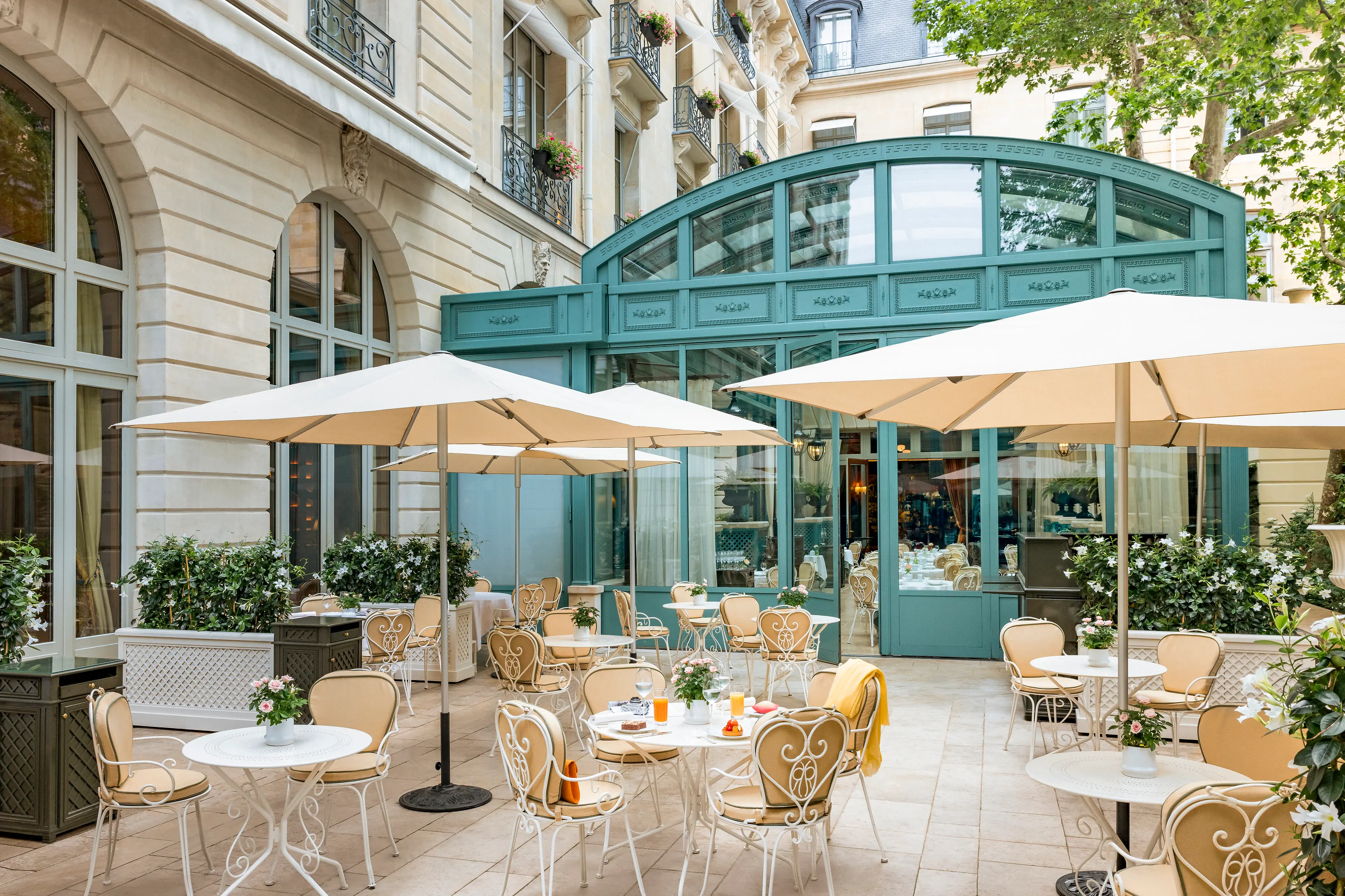 The charming outdoor terrace at Bar Vendôme, offering al fresco dining in Paris.