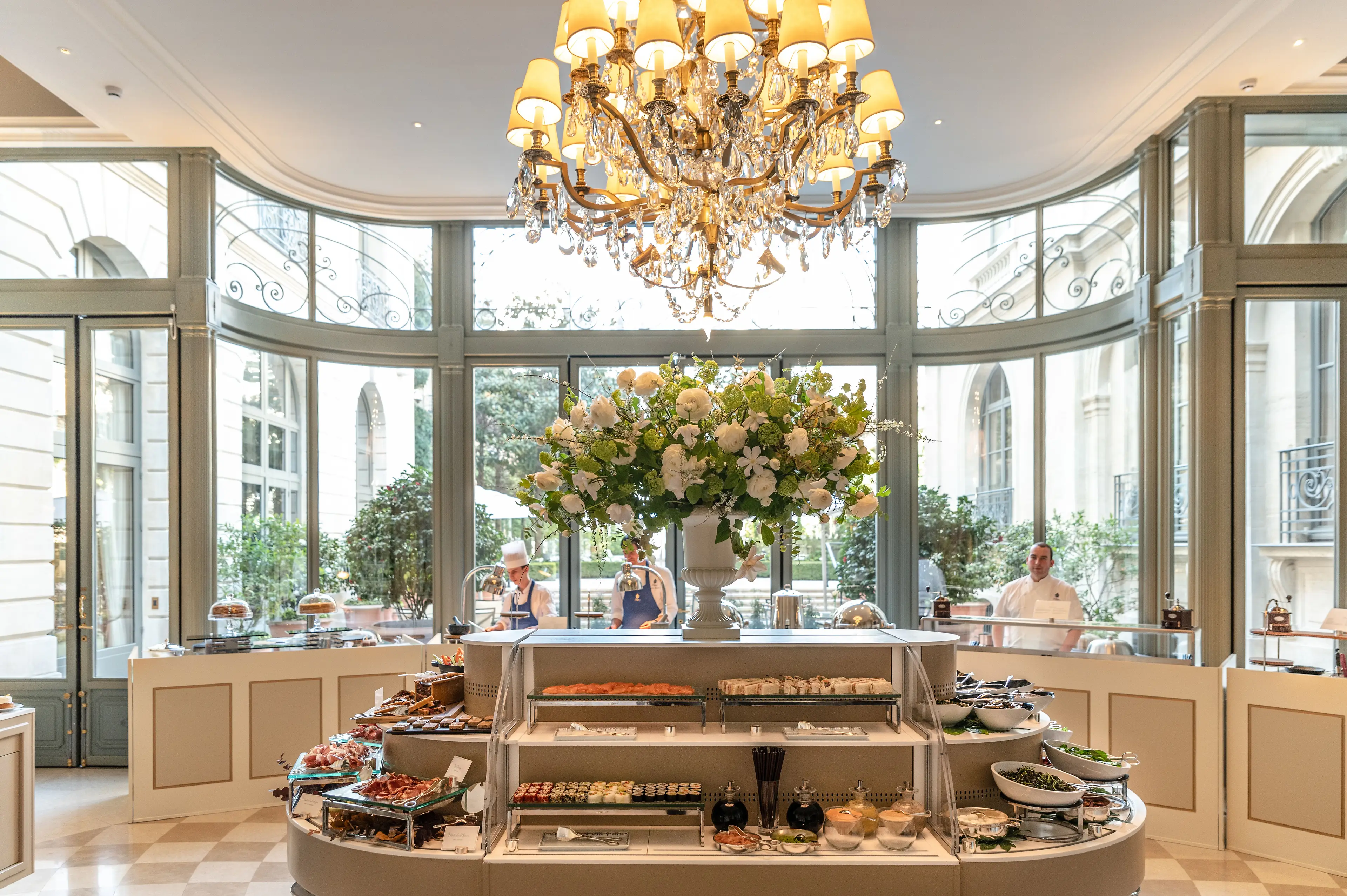 The spectacular buffet display for Le Grand Brunch, set under a magnificent glass roof.