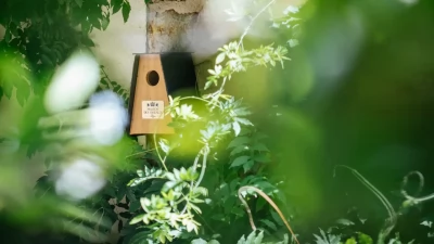 Bird-nesting boxes installed in the Grand Jardin, part of the hotel's biodiversity efforts.