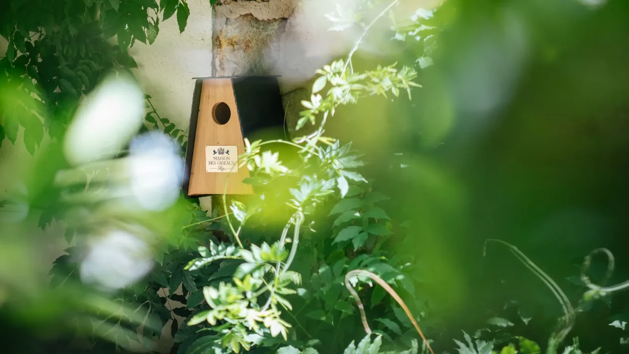 Bird-nesting boxes installed in the Grand Jardin, part of the hotel's biodiversity efforts.
