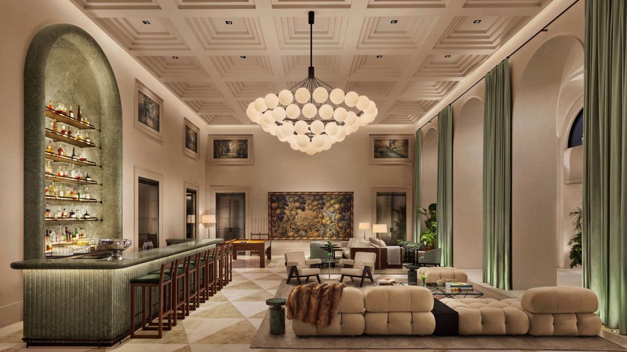 The sophisticated lobby interior and bar area at The Lake Como EDITION in Cadenabbia, Italy.